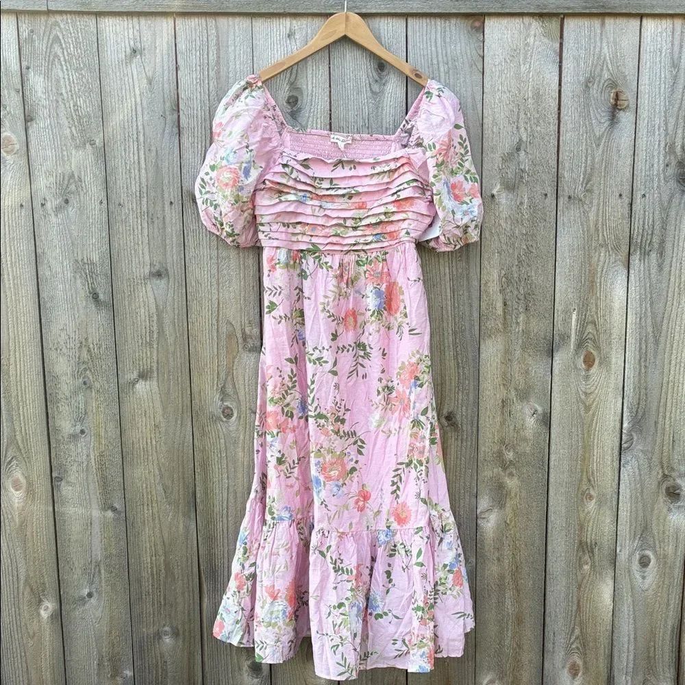 By The River Floral Pink Puff Midi Sleeve Dress - Picture 2 of 15